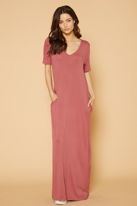 V Neck Short Sleeve Maxi Dress With Pockets