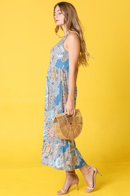 Sleeveless Print Ruffled Hem Tea Length Dress