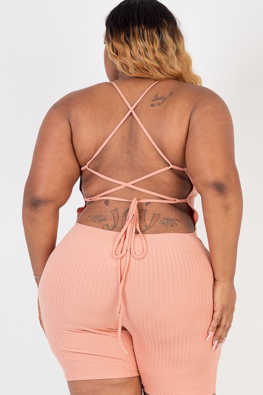 Plus Size Ribbed Crisscross Back Sleeveless Romper