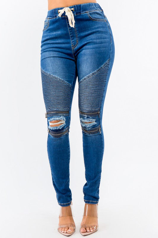 PLUS SIZE HIGH WAIST DISTRESSED MOTO JOGGERS