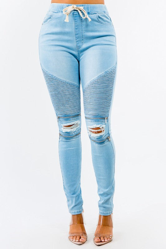 PLUS SIZE HIGH WAIST DISTRESSED MOTO JOGGERS