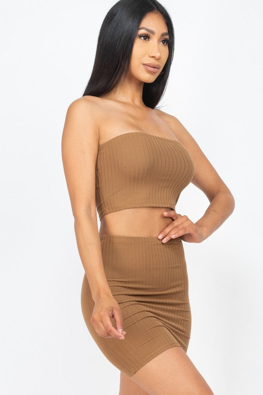 Solid Strapless Ribbed Tube Top &Mini Skirt Sets