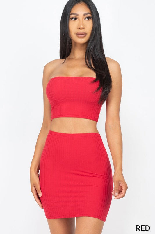 Solid Strapless Ribbed Tube Top &Mini Skirt Sets