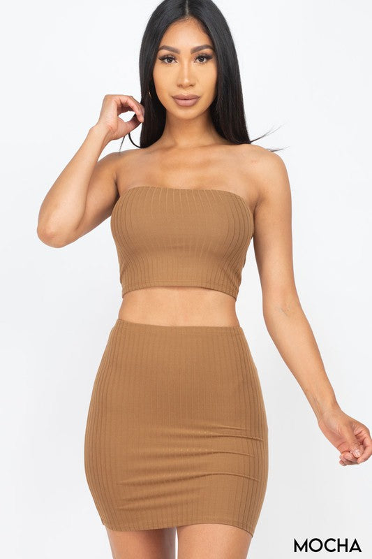 Solid Strapless Ribbed Tube Top &Mini Skirt Sets