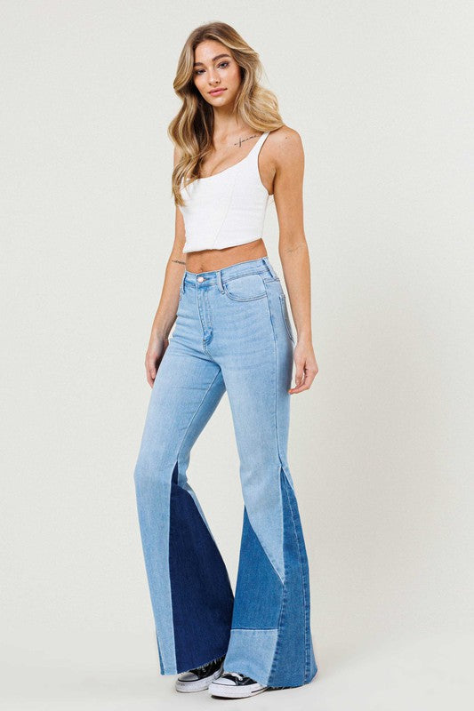 COLOR BLOCK SIDE SLIT FLARE JEANS