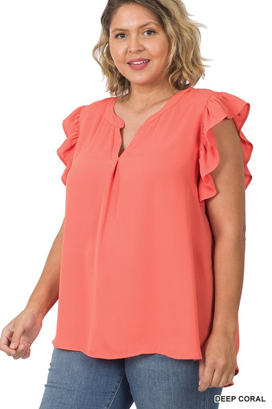 PLUS WOVEN WOOL PEACH RUFFLED SLEEVE HIGH LOW TOP