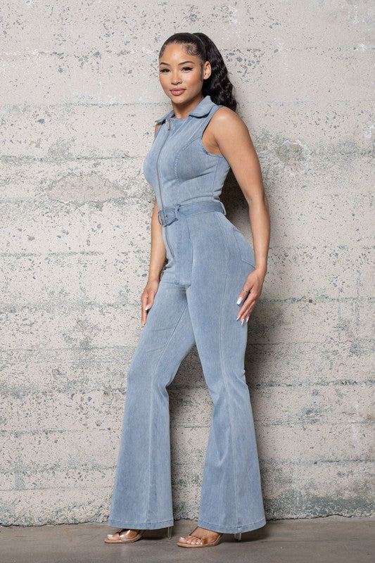 STRETCH DENIM BELLBOTTOM JUMPSUIT