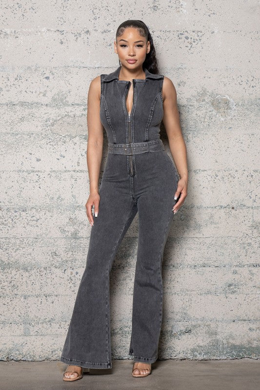 STRETCH DENIM BELLBOTTOM JUMPSUIT