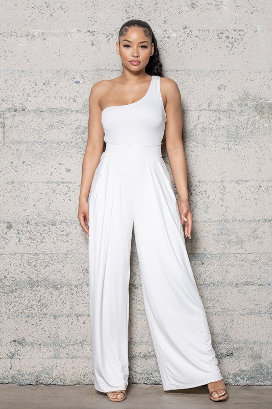 WIDE LEG , ONE SHOULDER JUMPSUIT