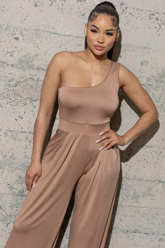 WIDE LEG , ONE SHOULDER JUMPSUIT