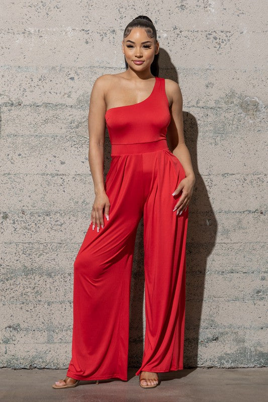 WIDE LEG , ONE SHOULDER JUMPSUIT