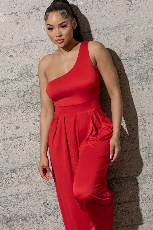 WIDE LEG , ONE SHOULDER JUMPSUIT