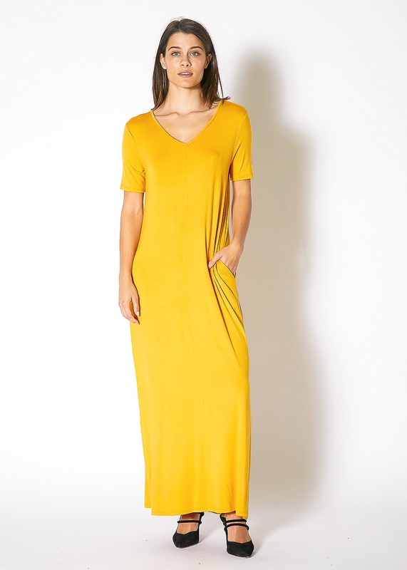 V Neck Short Sleeve Maxi Dress With Pockets