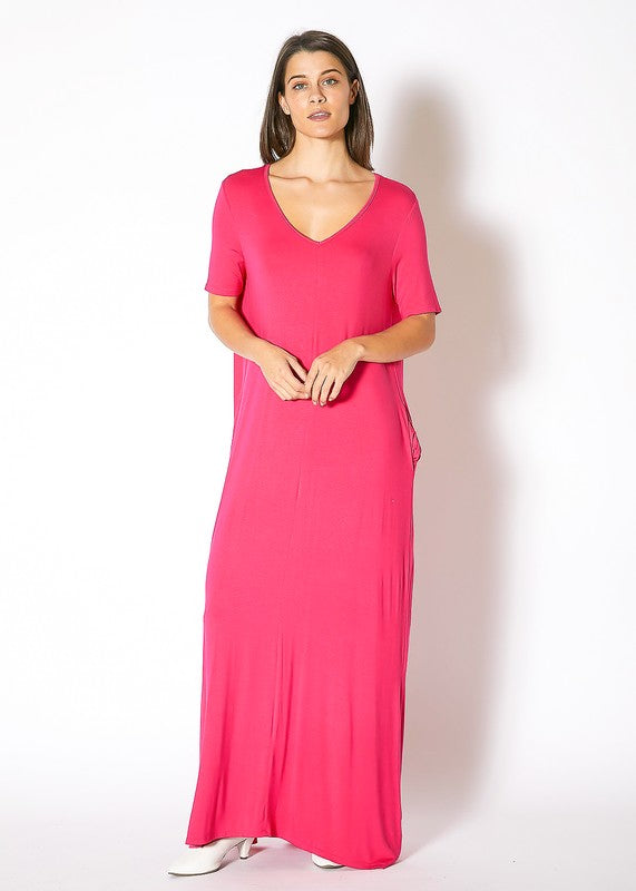 V Neck Short Sleeve Maxi Dress With Pockets