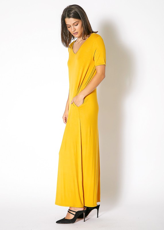 V Neck Short Sleeve Maxi Dress With Pockets