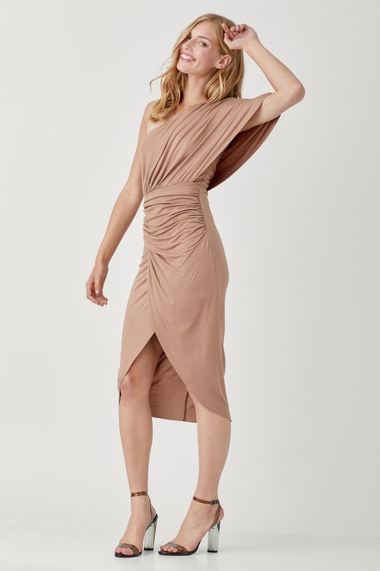 ONE SHOULDER DRAPE JERSEY DRESS