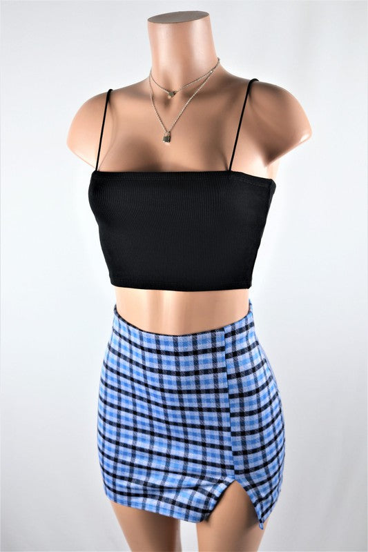 Blue plaid skirt with slit