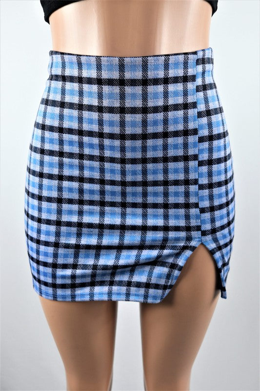 Blue plaid skirt with slit