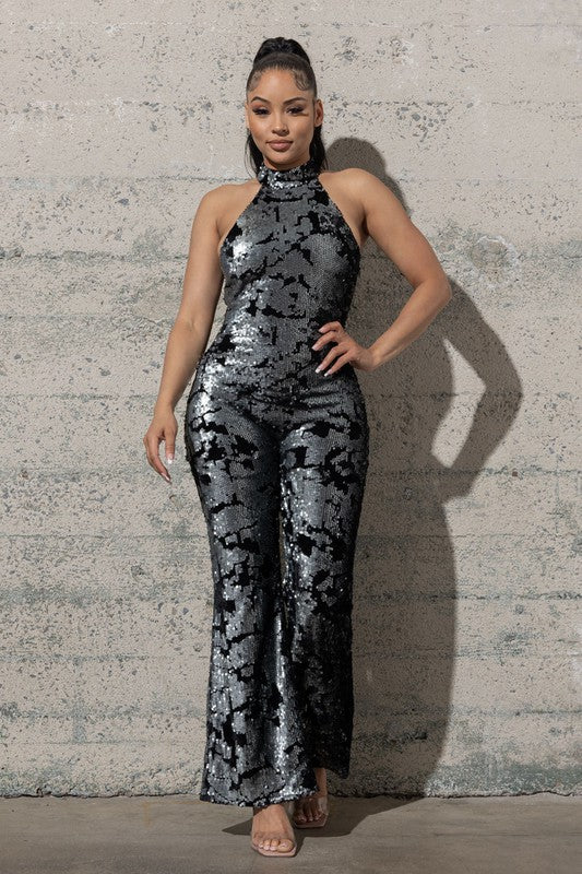 BELL BOTTOM STRETCHY VELVET SEQUINS JUMPSUIT