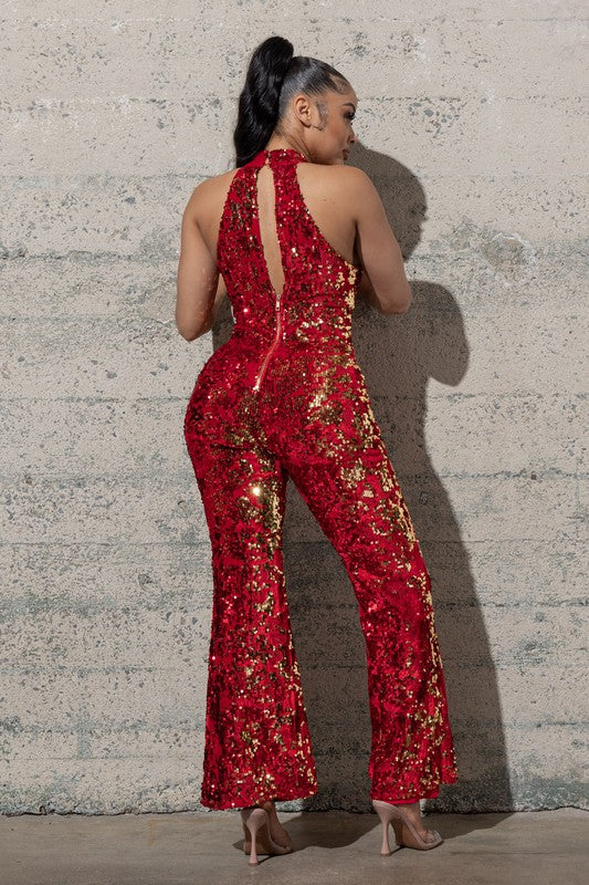 BELL BOTTOM STRETCHY VELVET SEQUINS JUMPSUIT