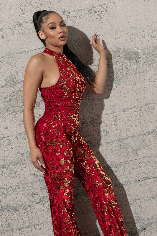 BELL BOTTOM STRETCHY VELVET SEQUINS JUMPSUIT