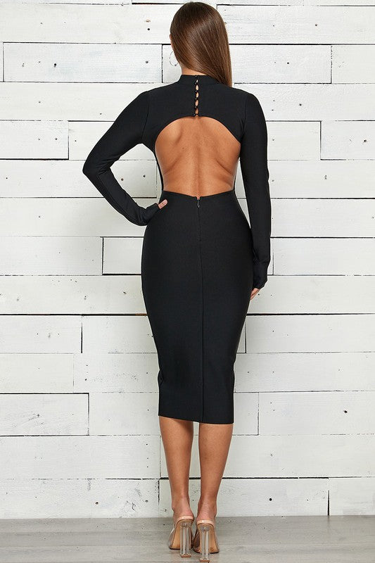 OPEN BACK MID LENGTH LONG SLEEVE BANDAGE DRESS