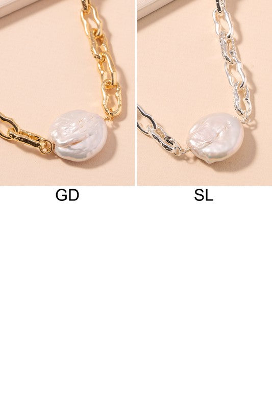 Hammered Chain Pearl Necklace