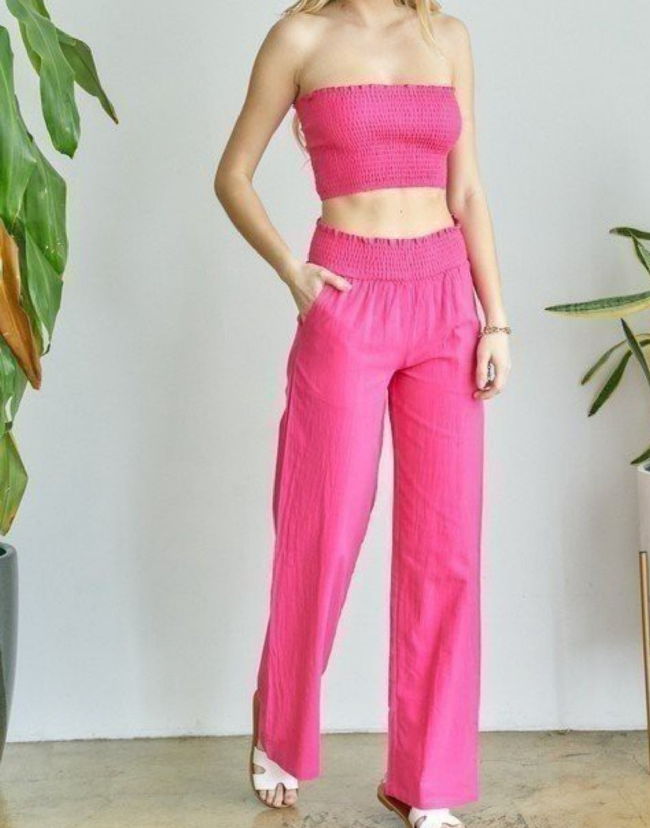 SMOCKED TUBE TOP WITH SMOCKED WAIST PANTS SET