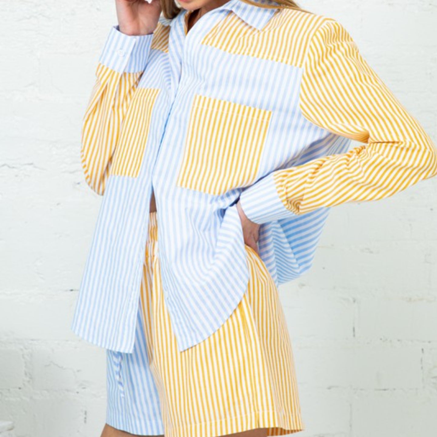 Striped Print  Blouses & Shorts Set
