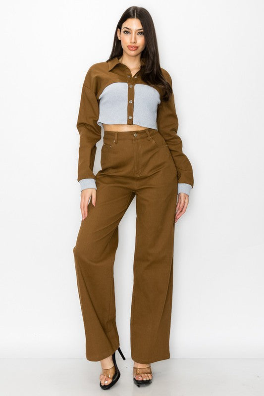 CONTRAST RIB WAIST CROP JACKET AND PANTS SET