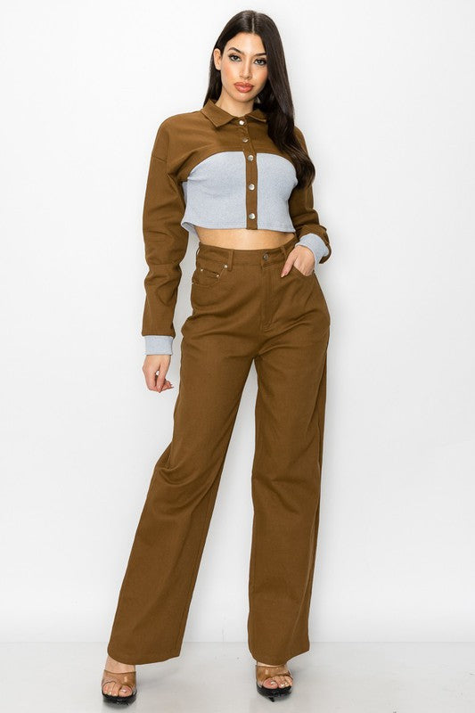 CONTRAST RIB WAIST CROP JACKET AND PANTS SET