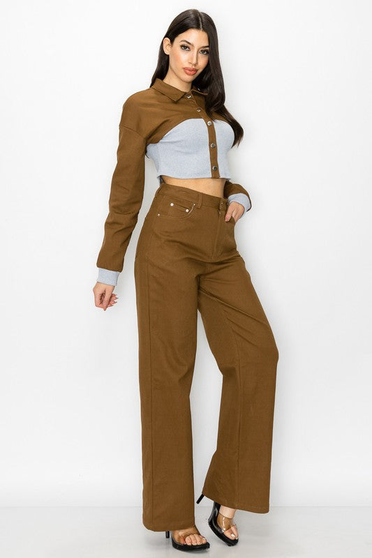 CONTRAST RIB WAIST CROP JACKET AND PANTS SET