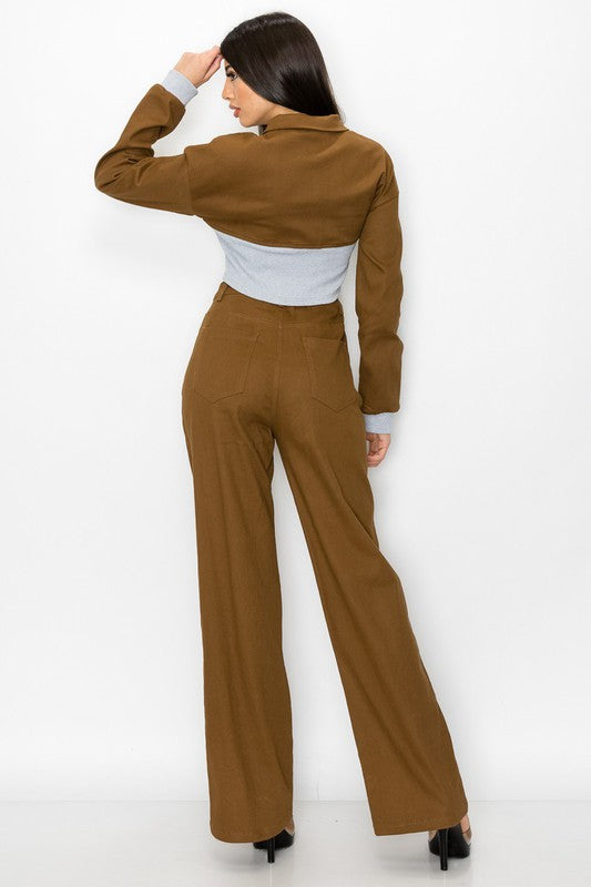 CONTRAST RIB WAIST CROP JACKET AND PANTS SET