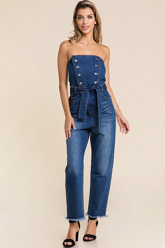 Tube front Zip long Denim Jumpsuit