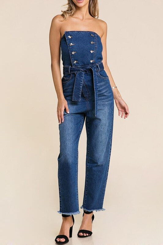Tube front Zip long Denim Jumpsuit