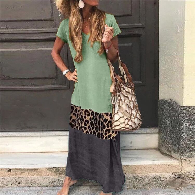 Women Fashion Leopard Patchwork Short-sleeve Maxi Dress