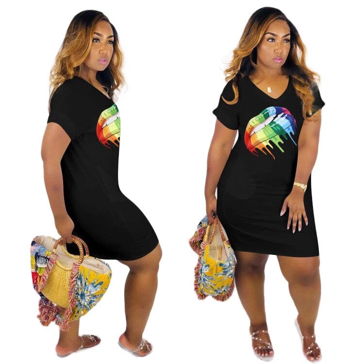 fancy 3 colors rainbow lip print oversized sweatshirt sports casual plus size dress