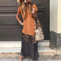 Women Fashion Leopard Patchwork Short-sleeve Maxi Dress