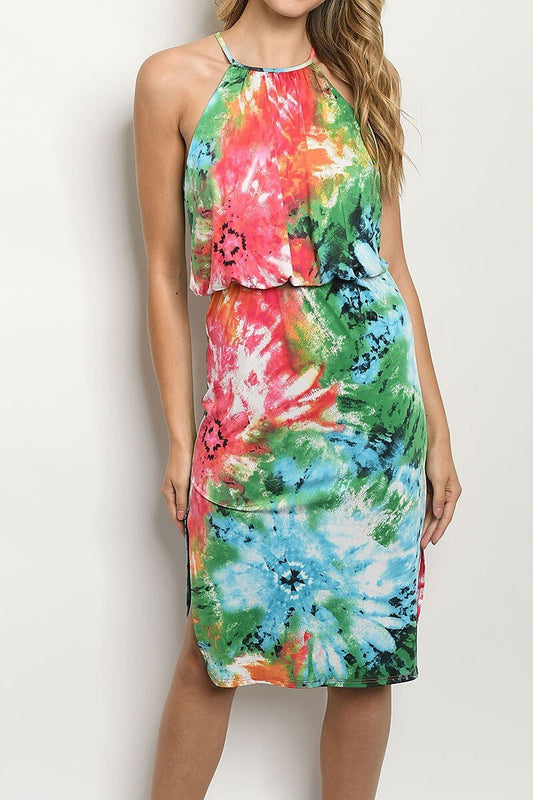 DRESS TIE DYE LAYERED HALTER