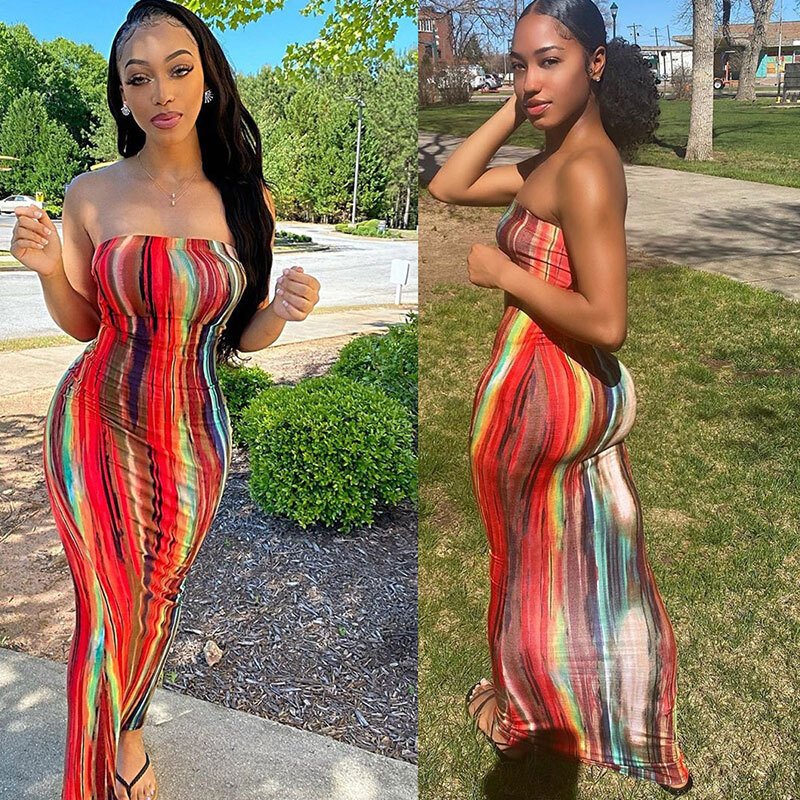 Women Sexy Tie-dye Strapless Bodycon Maxi Tube Dress