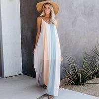 Women Fashion Contrast Color Stripes Sling Maxi Dress