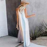 Women Fashion Contrast Color Stripes Sling Maxi Dress