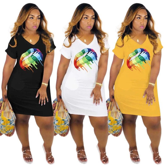 fancy 3 colors rainbow lip print oversized sweatshirt sports casual plus size dress