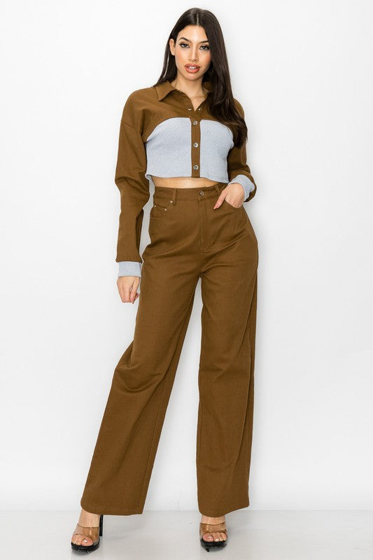 CONTRAST RIB WAIST CROP JACKET AND PANTS SET